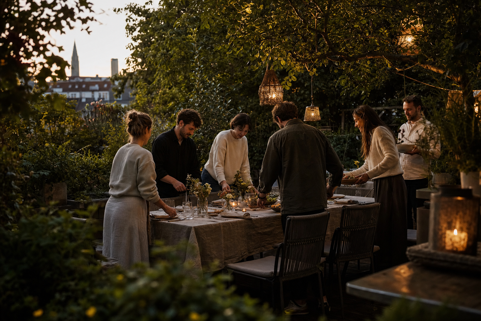 Freunde decken gemeinsam einen Tisch auf einer Terrasse